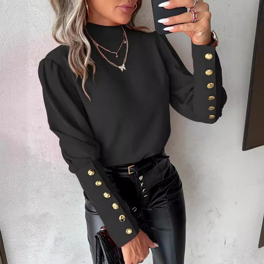 Damen elegante Bluse mit Puffärmeln und goldenen Knopfdetails EB