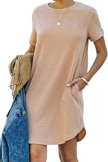 Damen lässiges Freizeitkleid mit Taschen und Rundhalsausschnitt EB