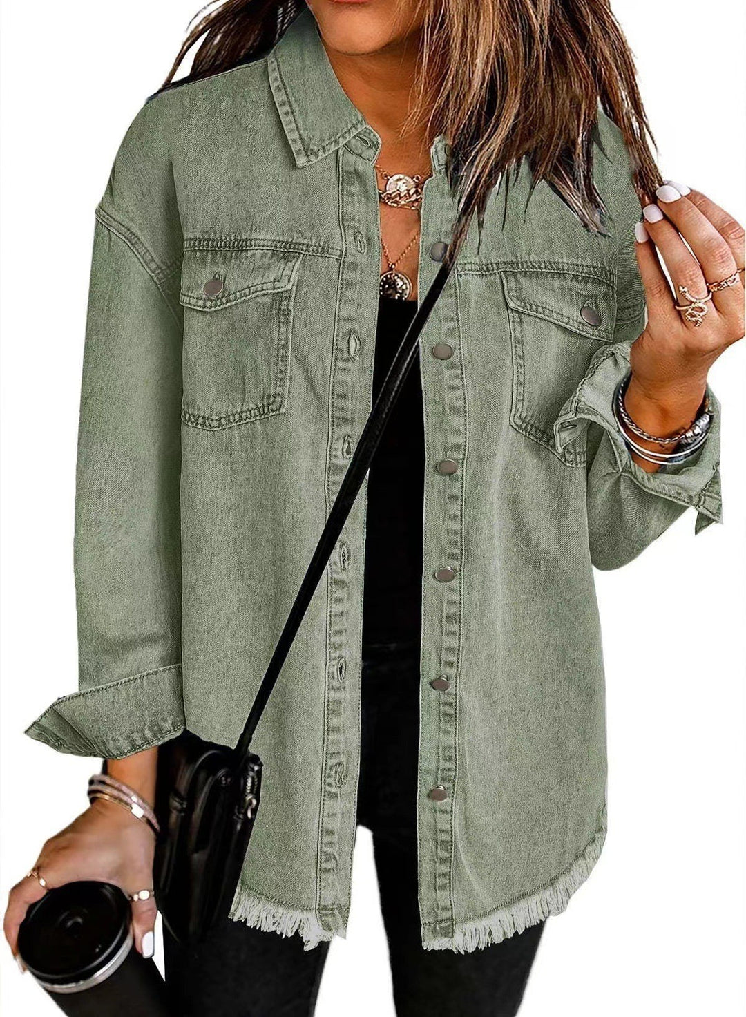 Damen Denim Overshirt mit fransigem Saum und Brusttaschen EB