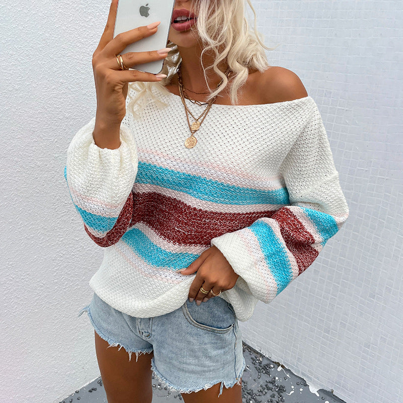 Damen lässiger Strickpullover mit weitem Ausschnitt und einzigartigem Streifenmuster EB