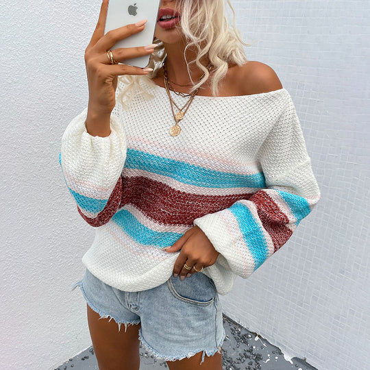 Damen lässiger Strickpullover mit weitem Ausschnitt und einzigartigem Streifenmuster EB