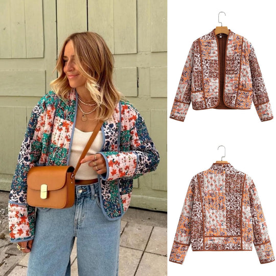 Damen nan gesteppte Patchwork Kimono-Jacke mit aufgesetzten Taschen EB
