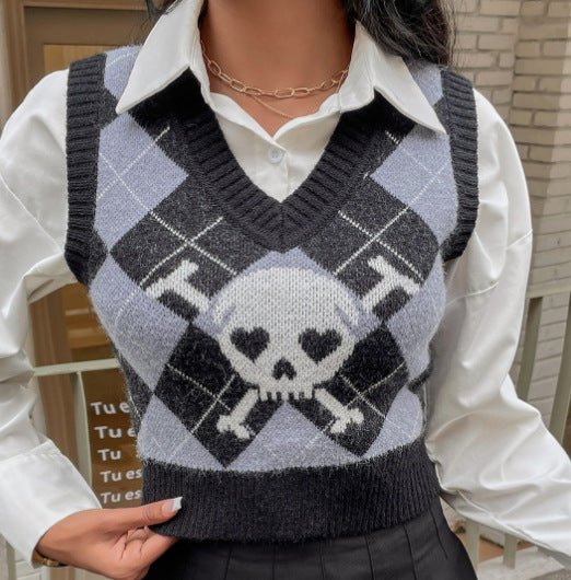 Damen Strickweste mit kreativem Totenkopf-Muster EB