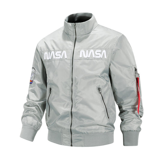 Men's  retro-space pilot bomber with embroidered NASA chest panels and sleeve utility pocket EB