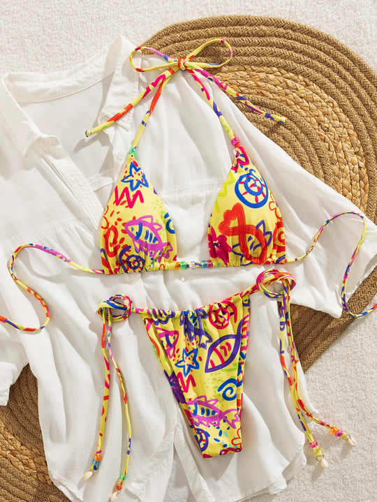 Damen Triangel-Bikini mit buntem Muster und verstellbaren Bindebänder EB