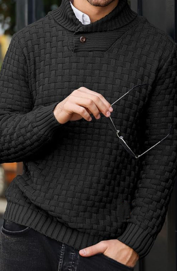 Herren nan strukturierter Strickpullover mit hochschließendem Stehkragen und Zierknopfleiste EB