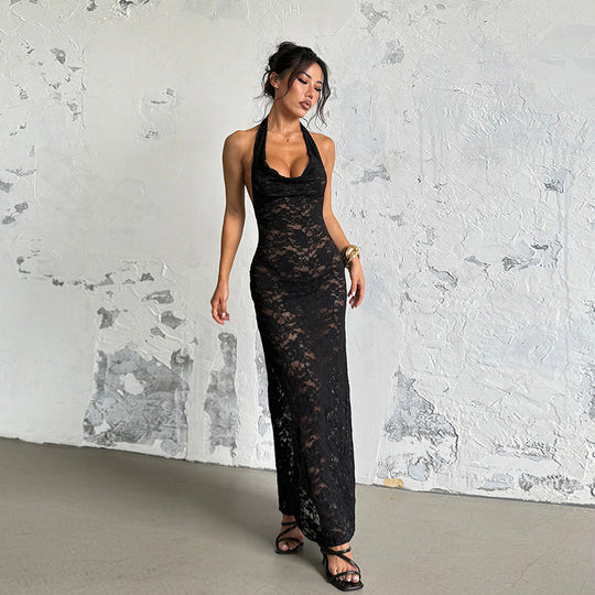 Damen Elegantes Spitzen-Maxikleid mit tiefem V-Ausschnitt und figurformendem Design EB