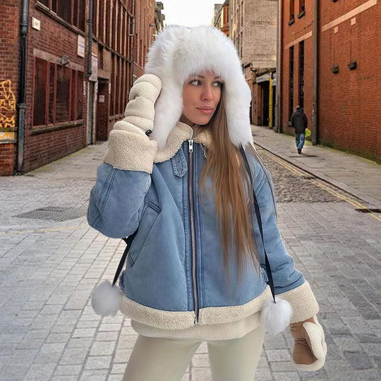 Damen modische Denimjacke mit Fellkragen und oversized Schnitt EB