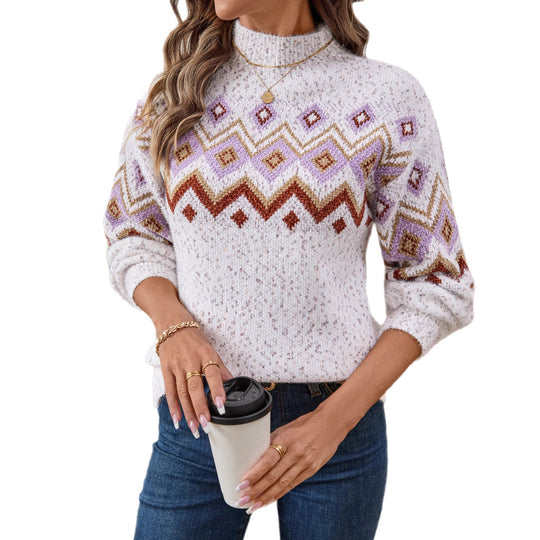 Damen Strickpullover mit modischem Muster und hohem Kragen EB