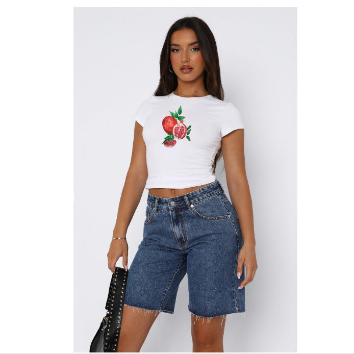 Damen Kurzarm Crop-Top mit fruchtigem Motiv und figurbetontem Schnitt EB