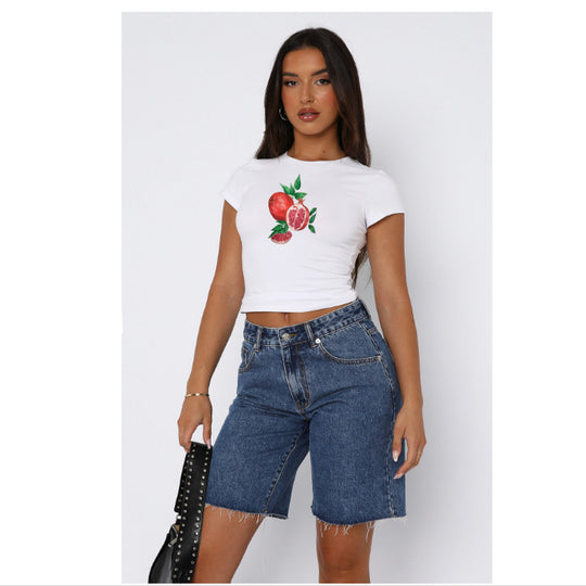 Damen Kurzarm Crop-Top mit fruchtigem Motiv und figurbetontem Schnitt EB