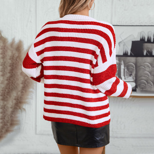 Damen lässiger Streifenpullover mit weichem Strukturstrick EB