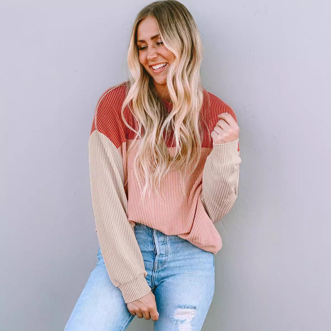 Damen lässiger Pullover mit Rippstruktur und Farbblöcken EB