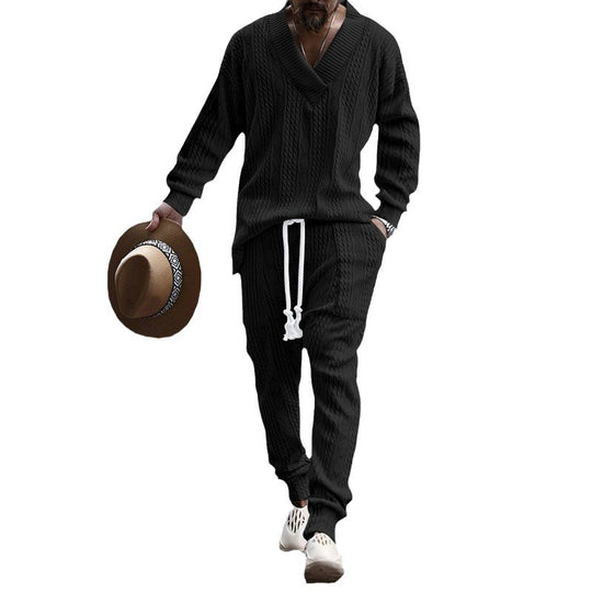Herren nan gestricktes Lounge-Set mit V-Ausschnitt, Kabelstruktur und Kordelzug-Jogginghose EB