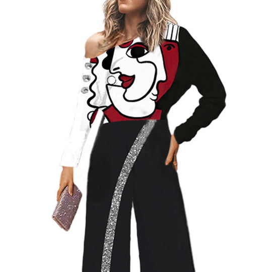 Damen Einseitiger Jumpsuit mit Glanzstreifen und grafischem Kunstwerk EB