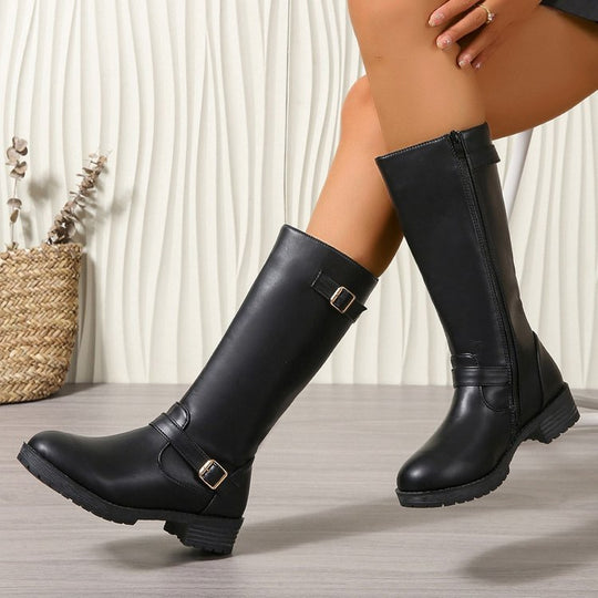Damen modische Longboots mit eleganter Schnalle und robustem Profilsohle EB