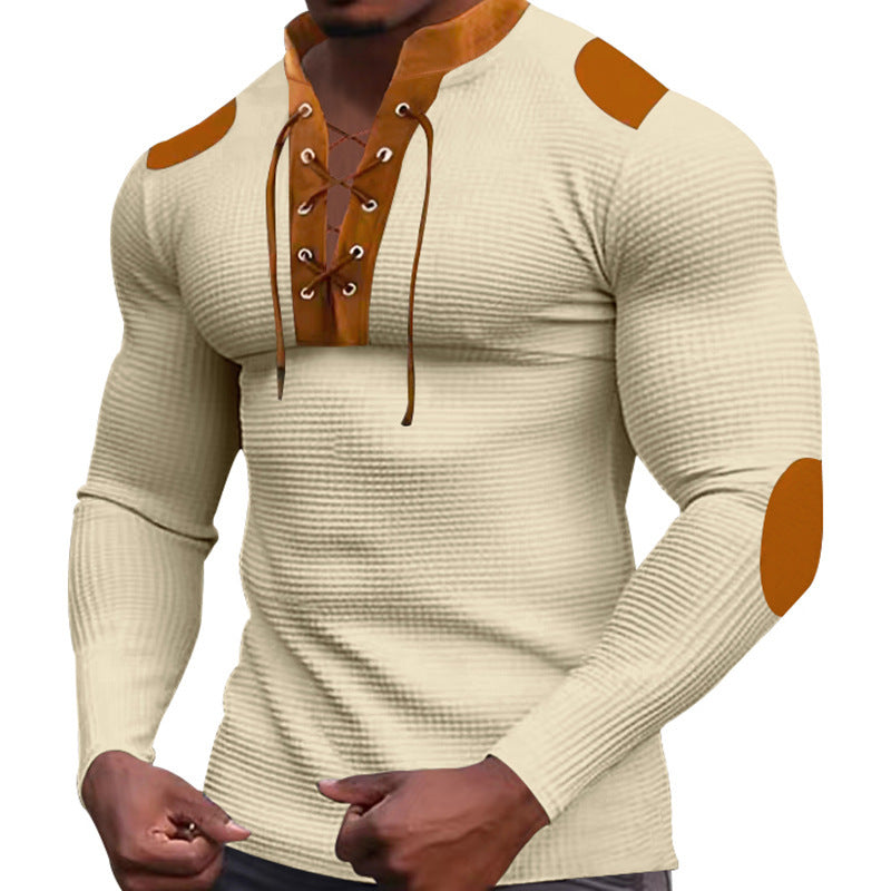Herren Langarm-Henley-Shirt mit strukturiertem Gewebe und modischem Schnürdesign EB