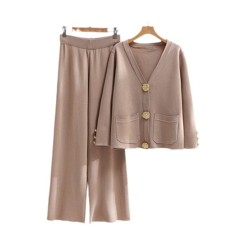 Damen elegantes Strick-Loungewear-Set mit weiten Bein und schönen Knöpfen EB