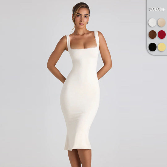 Damen figurbetontes Midikleid mit quadratischem Ausschnitt und Spitzenakzenten EB