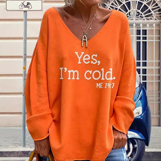 Damen Oversized Pullover mit modernem V-Ausschnitt und aufgedrucktem Statement EB