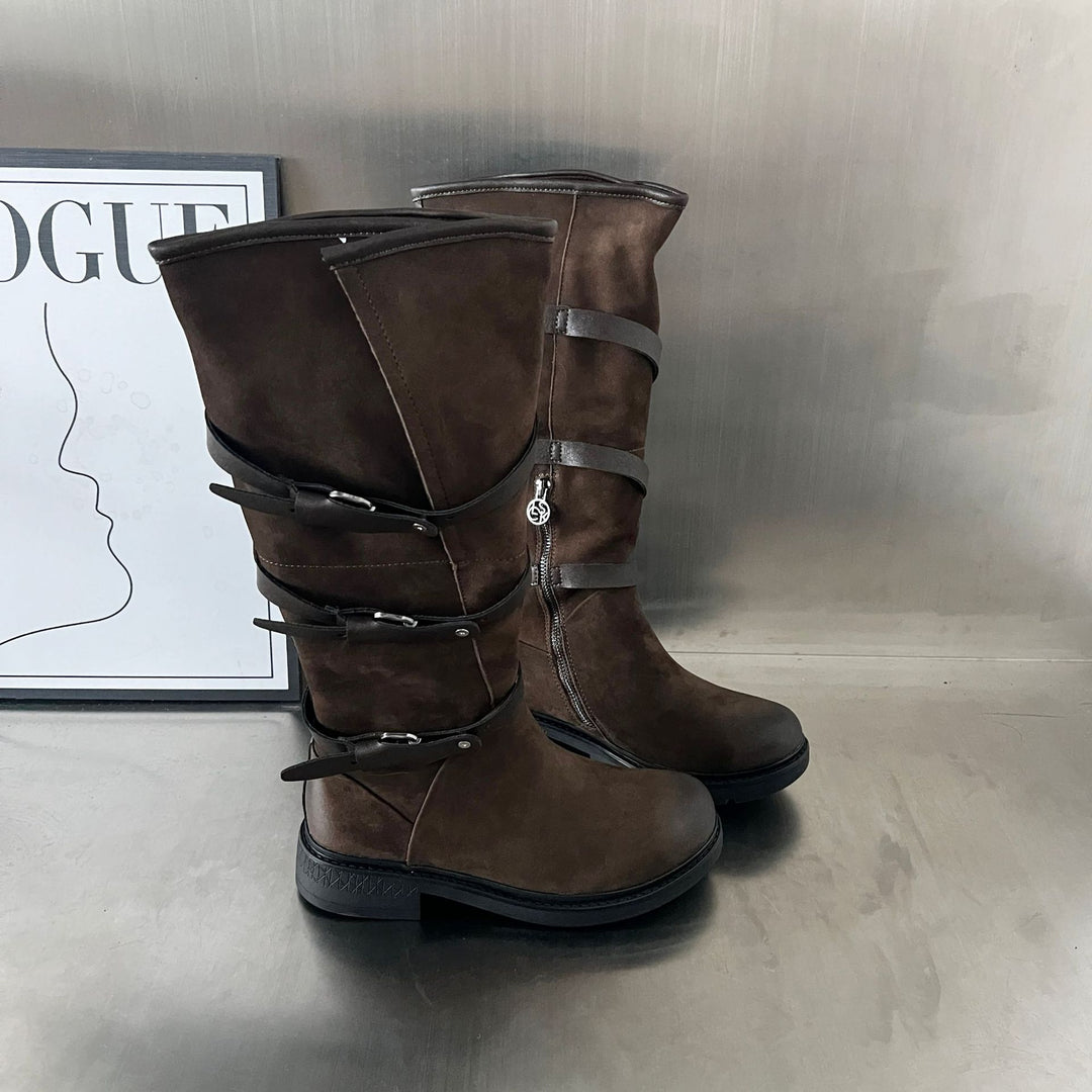 Damen Modische Stiefel mit praktischem Reißverschluss und eleganten Riemen EB
