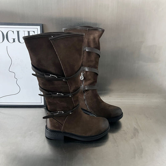 Damen Modische Stiefel mit praktischem Reißverschluss und eleganten Riemen EB
