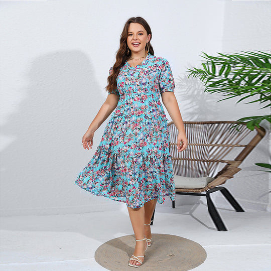 Damen Midikleid mit floralen Rüschendetails und elastischem Taillenbund EB