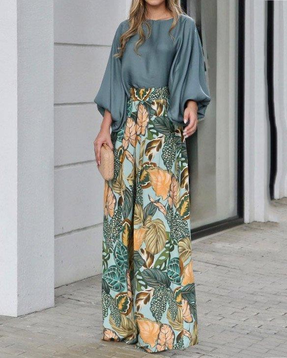 Damen Elegantes Oberteil mit weitem, blumenmusterdefiniertem Hosenensemble EB