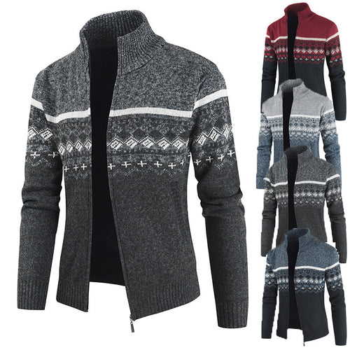 Herren Strickjacke mit Wintermuster und hohem Stehkragen EB