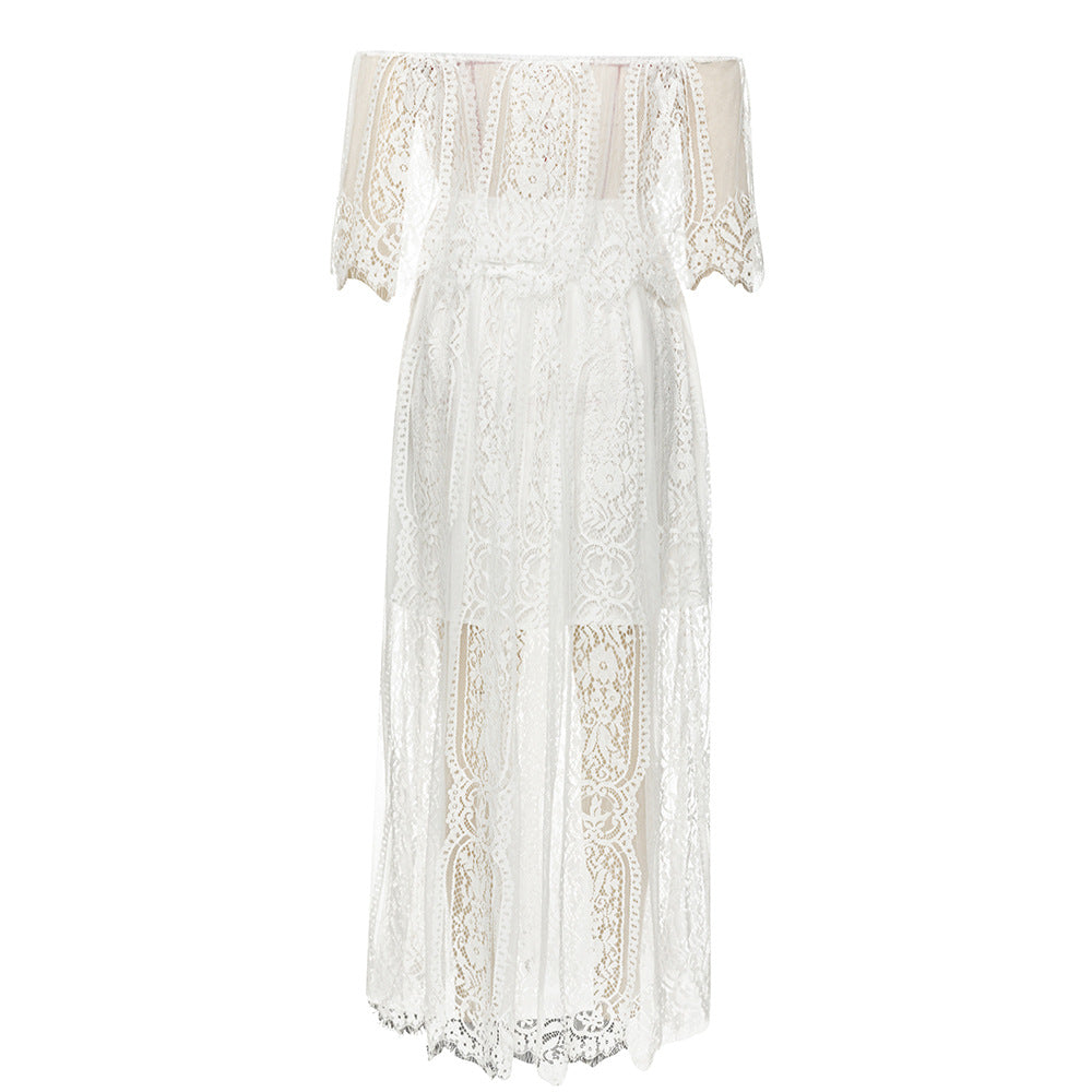 Damen Maxikleid mit eleganter Spitze und schulterfreiem Design EB