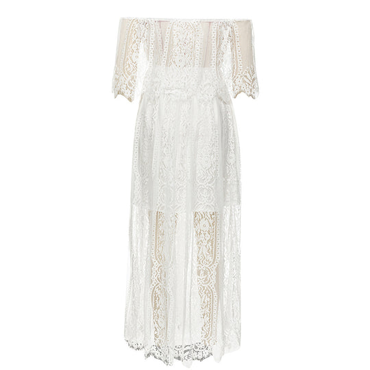 Damen Maxikleid mit eleganter Spitze und schulterfreiem Design EB