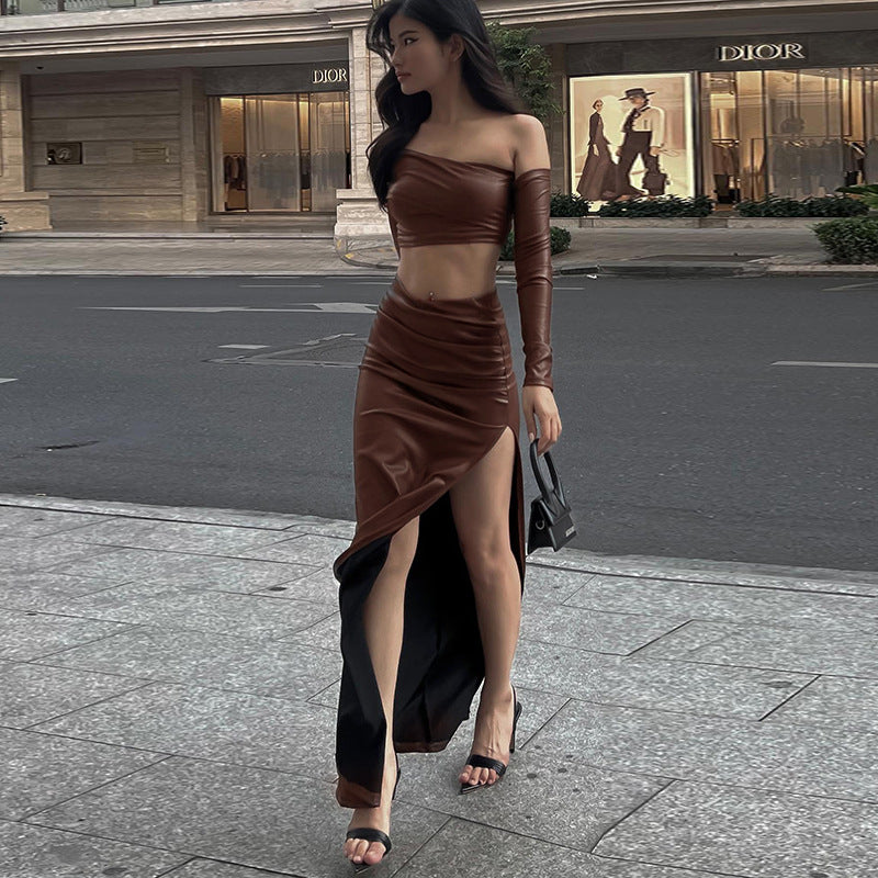 Damen elegantes asymmetrisches Cropped-Oberteil mit langen Ärmeln EB