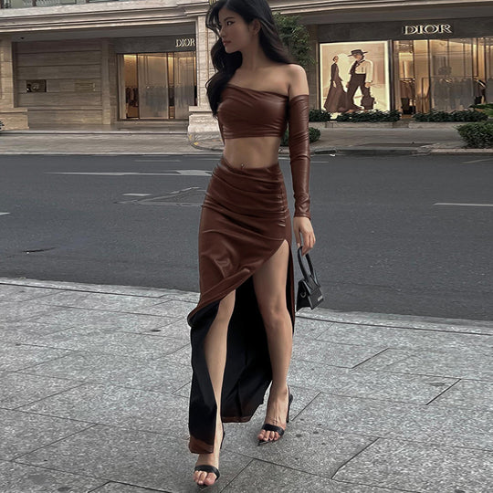 Damen elegantes asymmetrisches Cropped-Oberteil mit langen Ärmeln EB