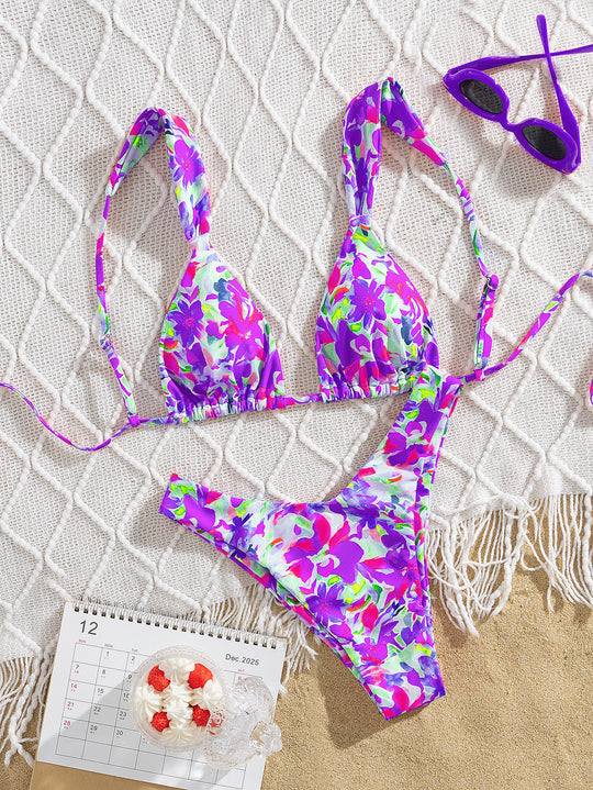 Damen Triangel-Bikini mit buntem Blumendesign und verstellbaren Trägern EB