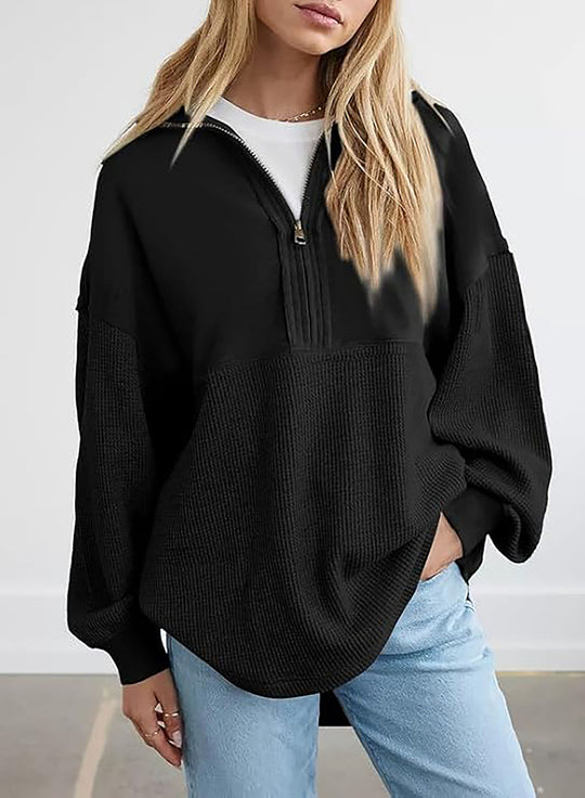 Damen lässiger Kapuzenpullover mit halblangem Reißverschluss und strukturiertem Material EB