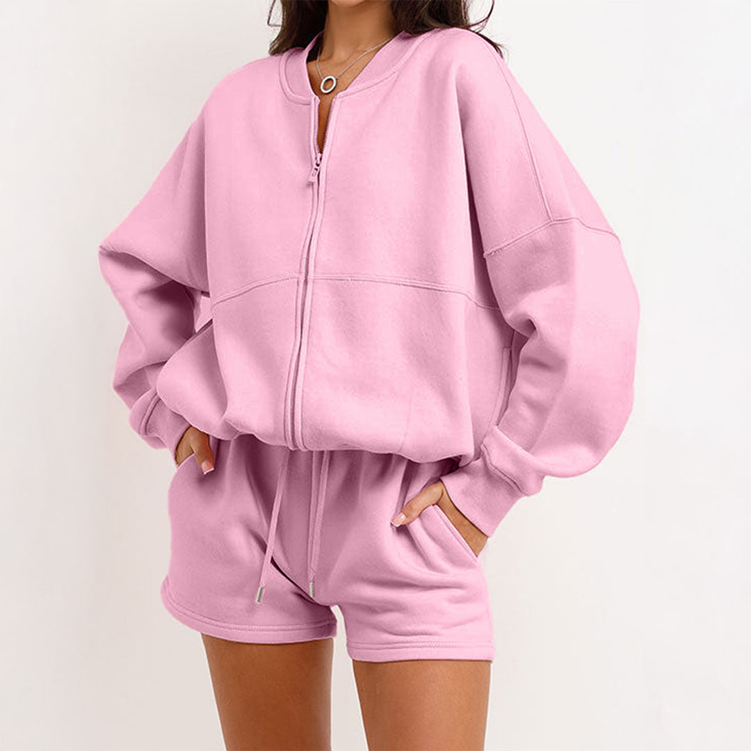 Damen nan zweiteiliges Sweat-Set mit oversized Reißverschluss-Jacke und elastischer Highwaist-Shorts EB