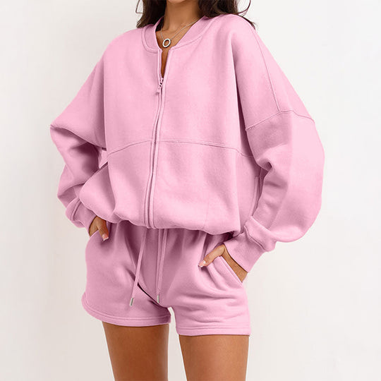 Damen nan zweiteiliges Sweat-Set mit oversized Reißverschluss-Jacke und elastischer Highwaist-Shorts EB