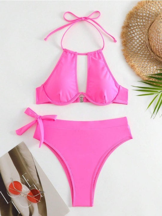 Damen Triangel-Bikini mit hohem Bund und modischem Knopfverschluss EB