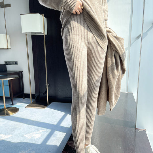 Damen Rippstrick-Leggings mit hohem Bund und feiner Struktur EB