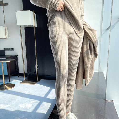 Damen Rippstrick-Leggings mit hohem Bund und feiner Struktur EB