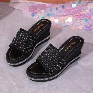Damen glamouröse Wedge-Pantoletten mit funkelnden Strass-Applikationen EB