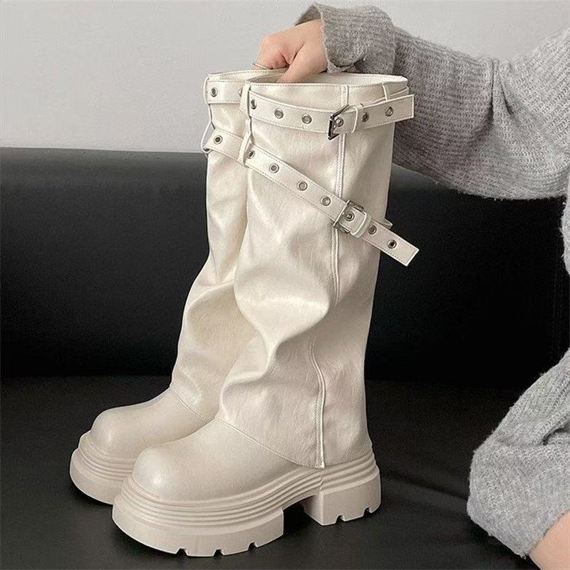 Damen Plateau-Stiefel mit modischem Schnallenverschluss und eleganter Faltenoptik EB