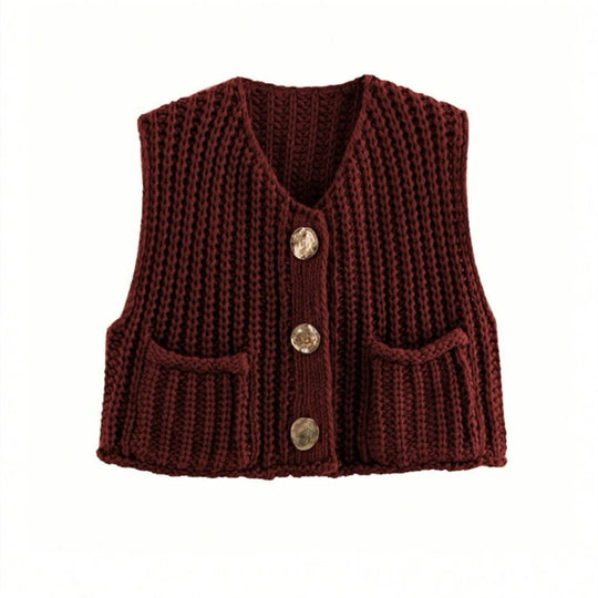 Damen Grobgestrickte Cropped Weste mit V-Ausschnitt und goldenen Zierknöpfen EB