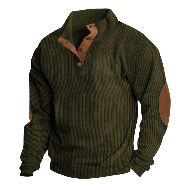Herren nan grober Rippstrick-Pullover mit Stehkragen, Knopfleiste und markanten Ellenbogenpatches EB