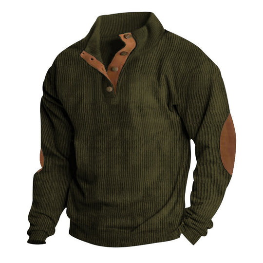 Herren nan grober Rippstrick-Pullover mit Stehkragen, Knopfleiste und markanten Ellenbogenpatches EB