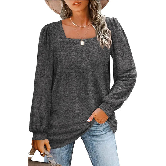 Damen Legerer Feinstrick-Pullover mit quadratischem Ausschnitt, Puffschulter und Bündchen EB