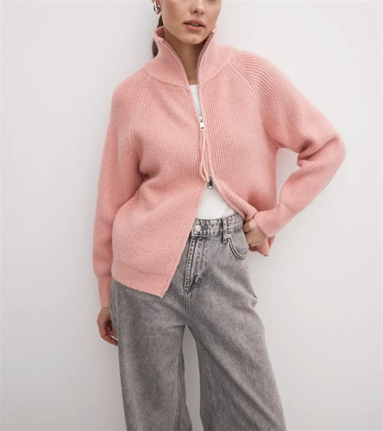 Damen Strickjacke mit hohem Kragen und Reißverschluss EB