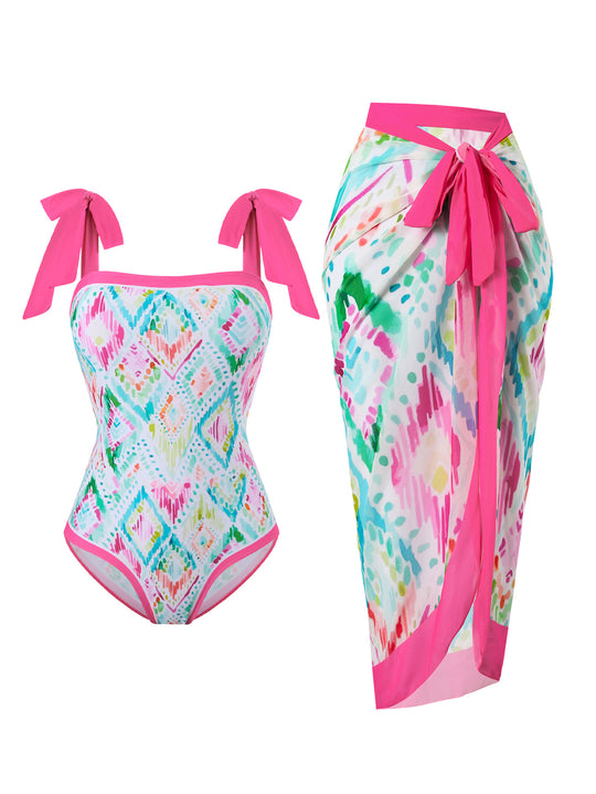 Damen Badeanzug mit floralem Design und transparentem Wickelrock EB