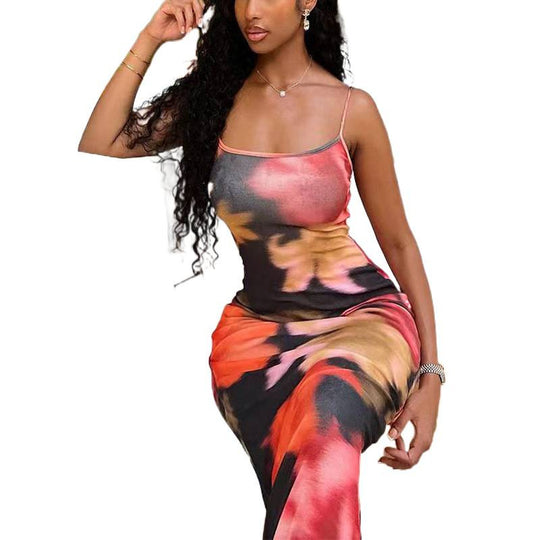 Damen lässiges Maxikleid mit schmalen Trägern und floralem Design EB