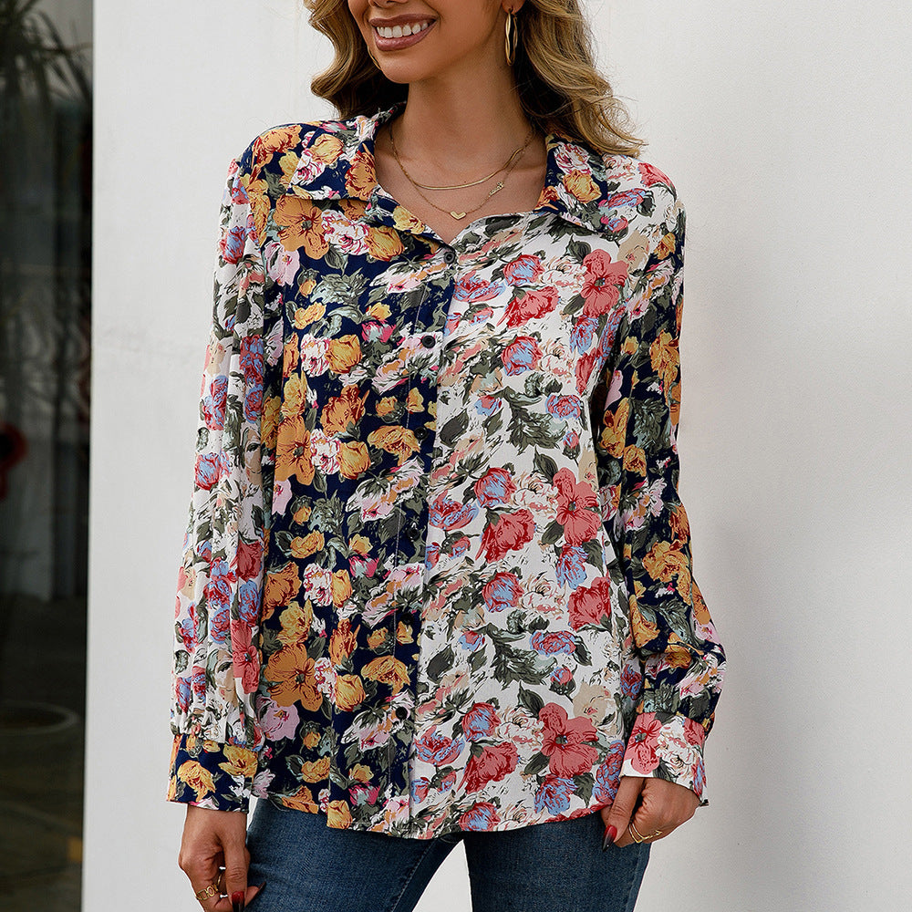 Damen elegante Bluse mit floralem Design und Knopfdetails EB
